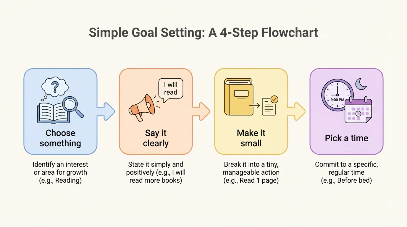 four-step flowchart showing Choose something, Say it clearly, Make it small, Pick a time, with a sample goal about reading