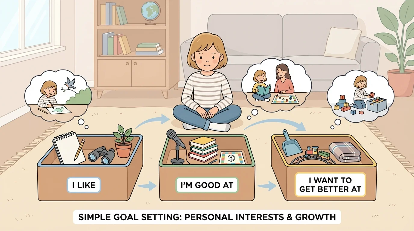 child at home with three labeled boxes: 'I like,' 'I'm good at,' and 'I want to get better at,' with examples like drawing, reading aloud, and cleaning up toys
