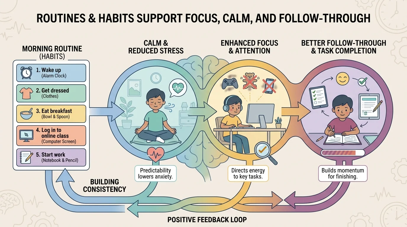 Child at home following a morning routine chart with steps wake up, get dressed, eat breakfast, log in to online class, start work