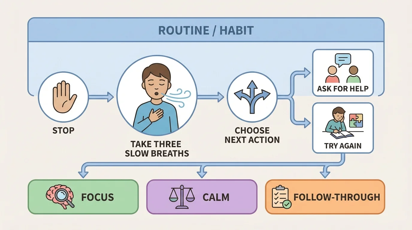 Three-step calm-down flow showing stop, take three slow breaths, then choose next action like ask for help or try again