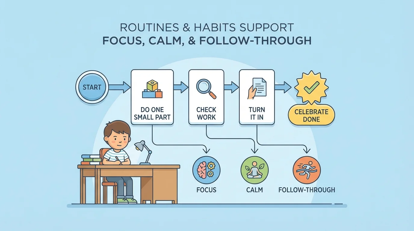 Child working at a desk with a checklist: start, do one small part, check work, turn it in, celebrate done