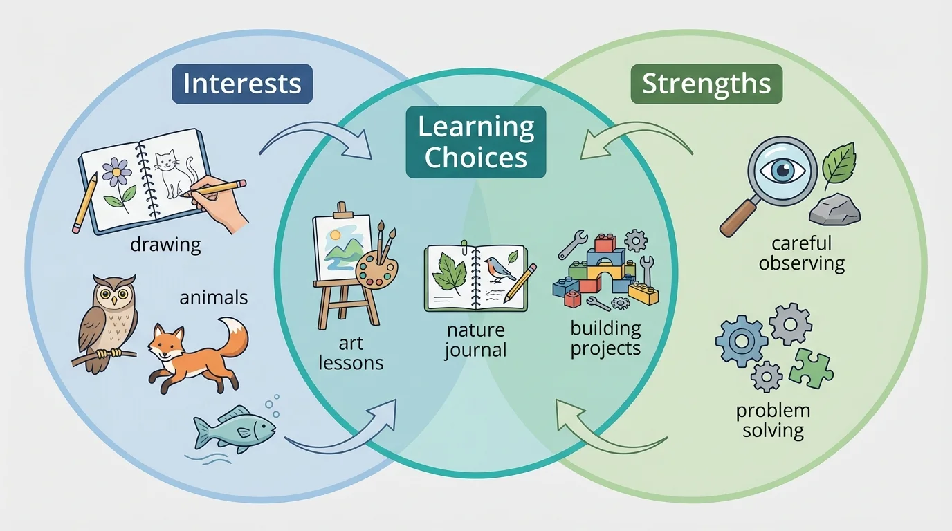 Venn-style illustration showing one circle labeled interests with drawing and animals, one circle labeled strengths with careful observing and problem solving, and an overlap labeled learning choices with examples like art lessons, nature journal, and building projects