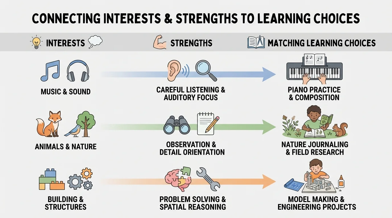 Comparison chart showing children with columns for interest, strength, and matching learning choice, including examples like music plus careful listening leads to piano practice, animals plus observation leads to nature journal, building plus problem solving leads to model making
