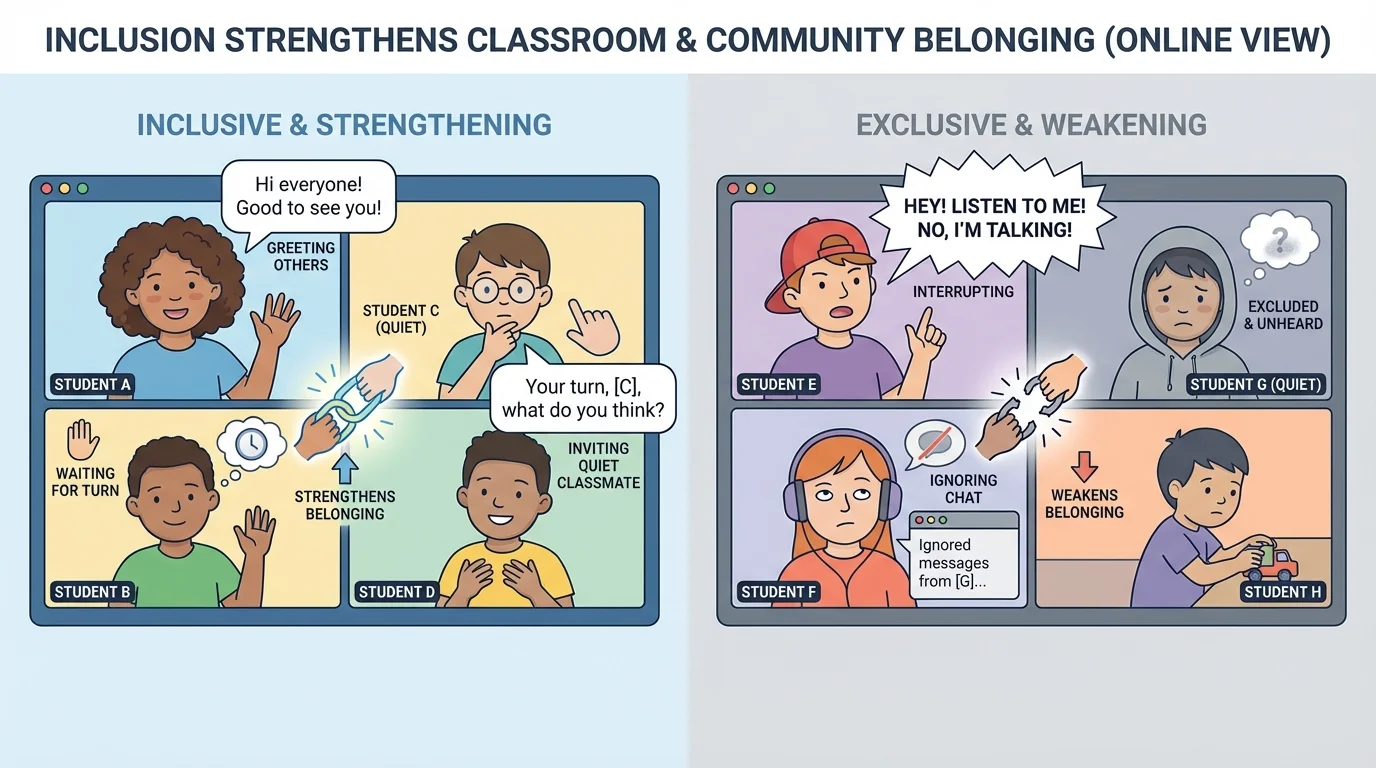 Child on an online class video call greeting others, waiting for turns, and inviting a quiet classmate to share, contrasted with interrupting and ignoring chat messages