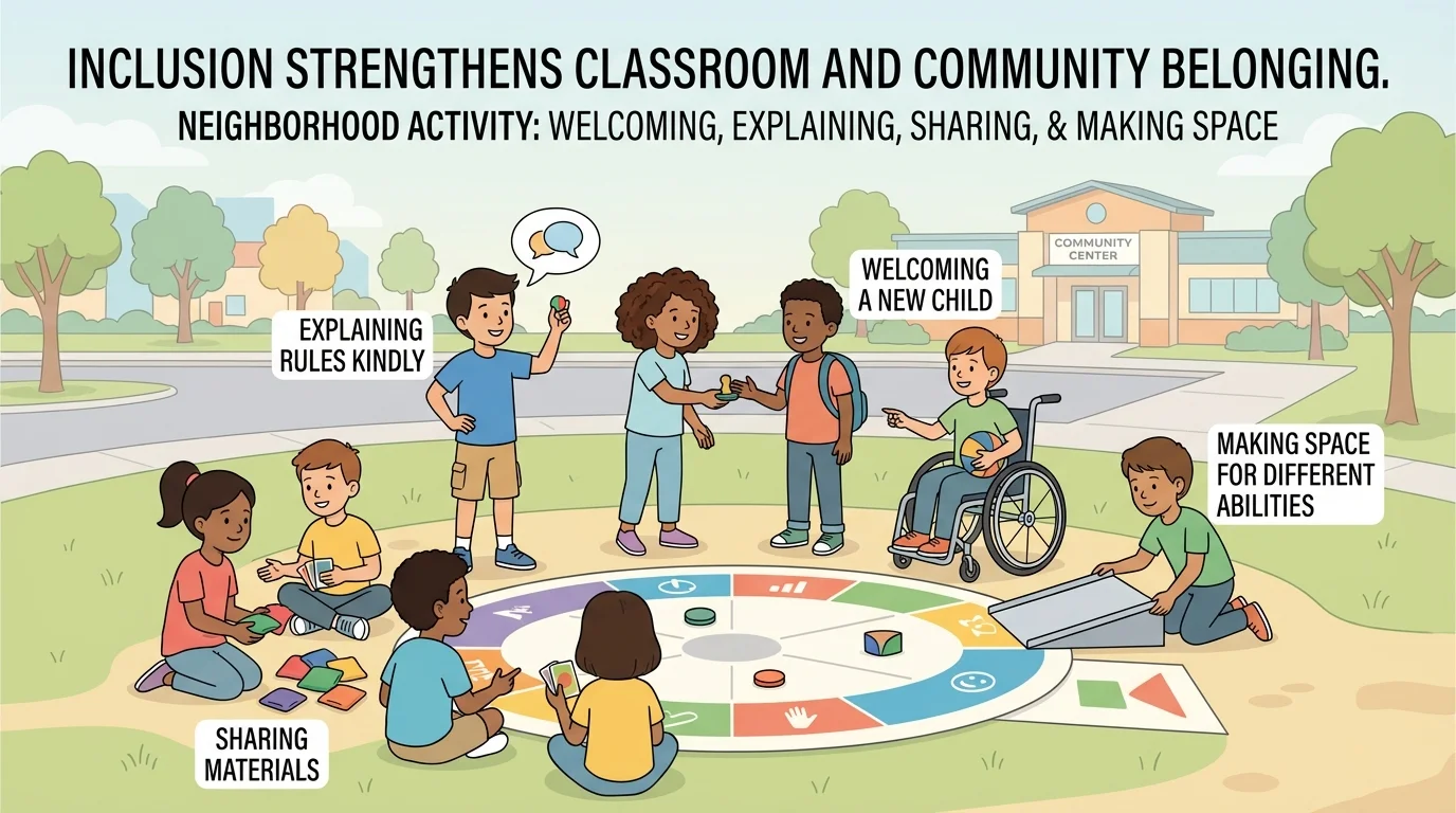 Children in a neighborhood activity welcoming a new child into a game, explaining rules kindly, sharing materials, and making space for different abilities