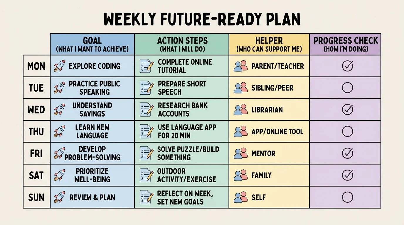 Chart showing a child's weekly future-ready plan with columns for goal, action steps, helper, and progress check
