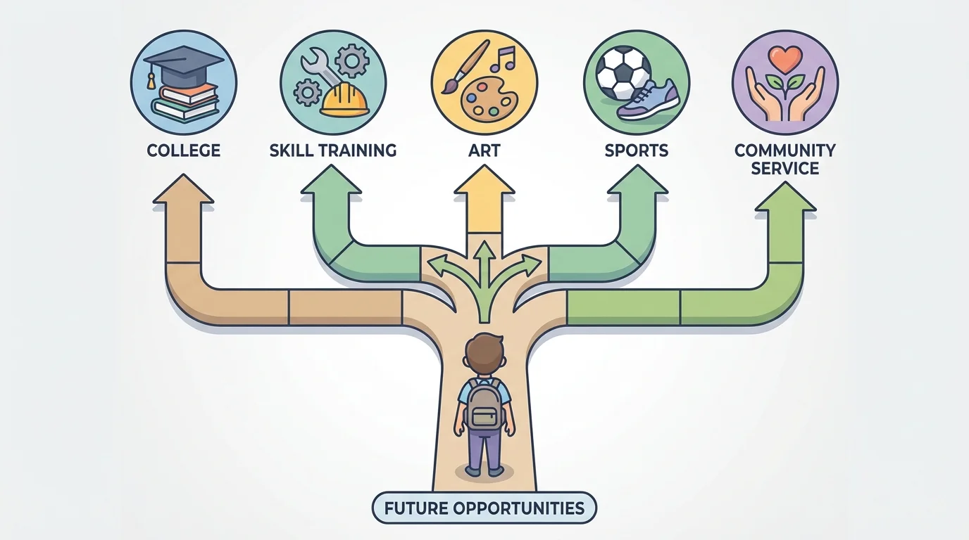 Illustration of a child looking at a path that branches toward college, skill training, art, sports, and community service icons