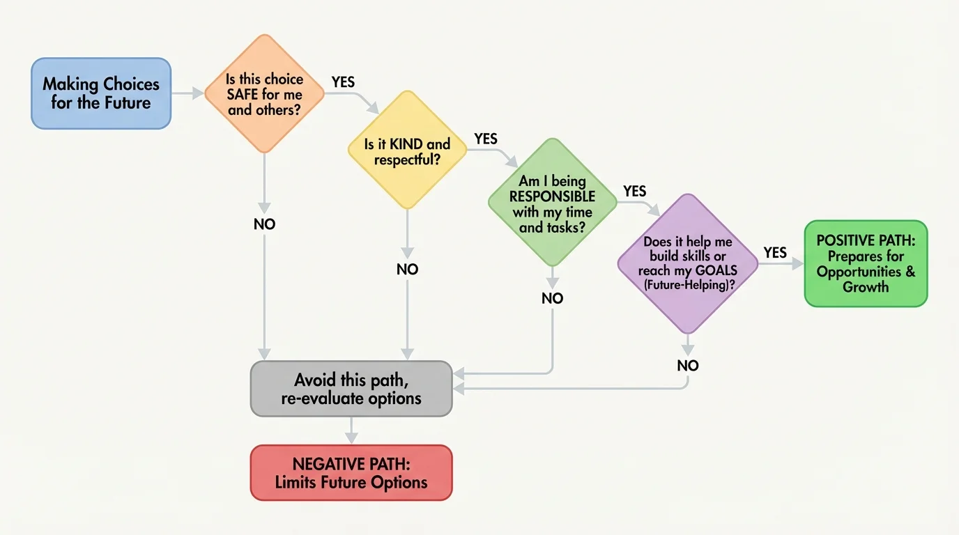 Flowchart with decision boxes asking safe, kind, responsible, and future-helping questions leading to yes or no choices