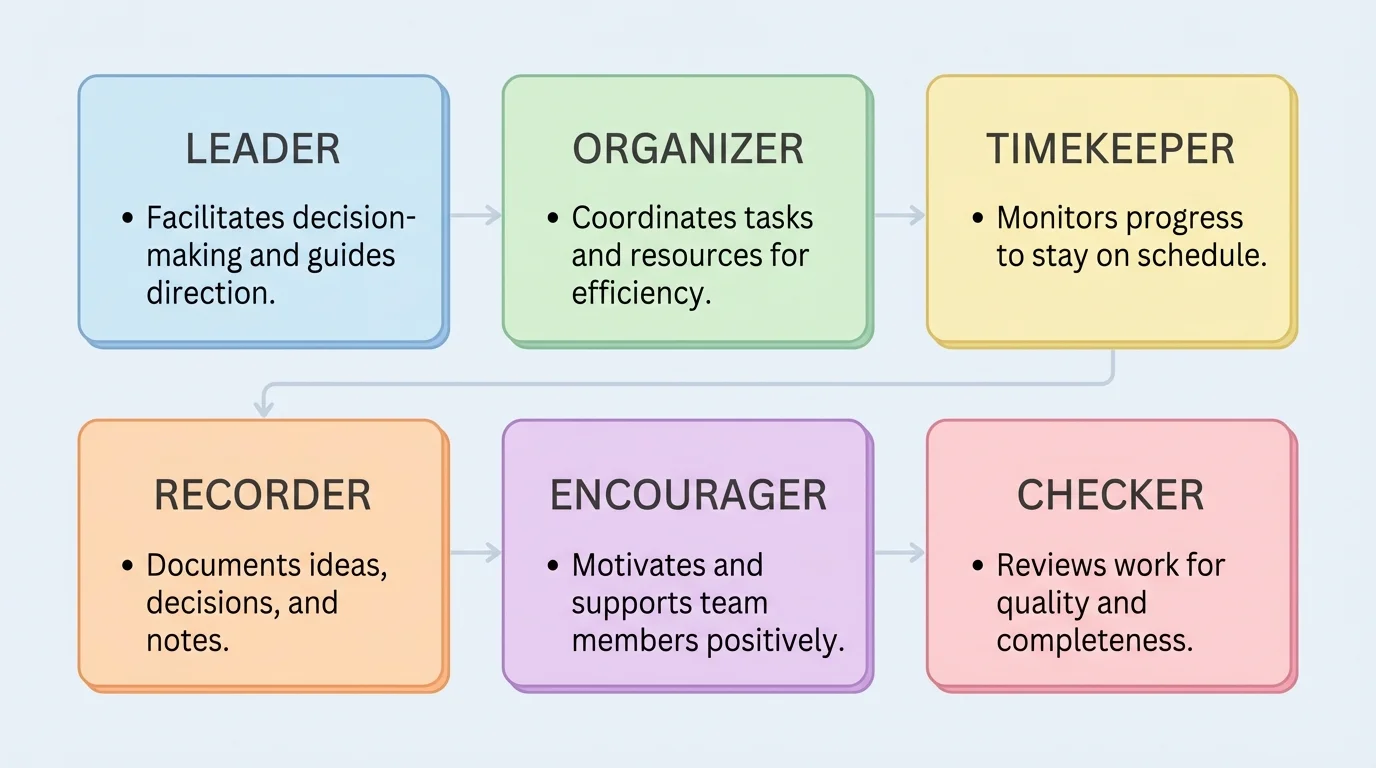 chart showing six team roles: leader, organizer, timekeeper, recorder, encourager, checker, each with one short task