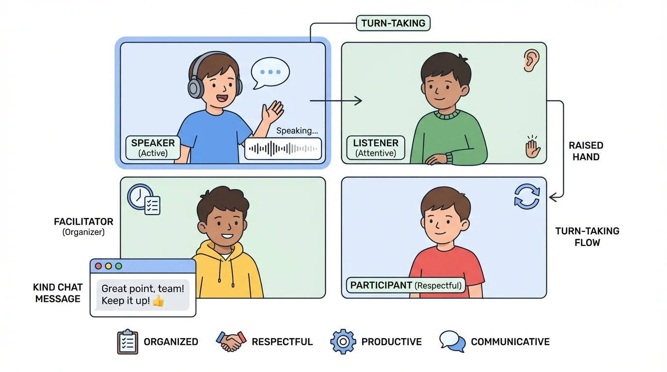 online team meeting with one child speaking, others listening, raised hand icon, kind chat message, and turn-taking