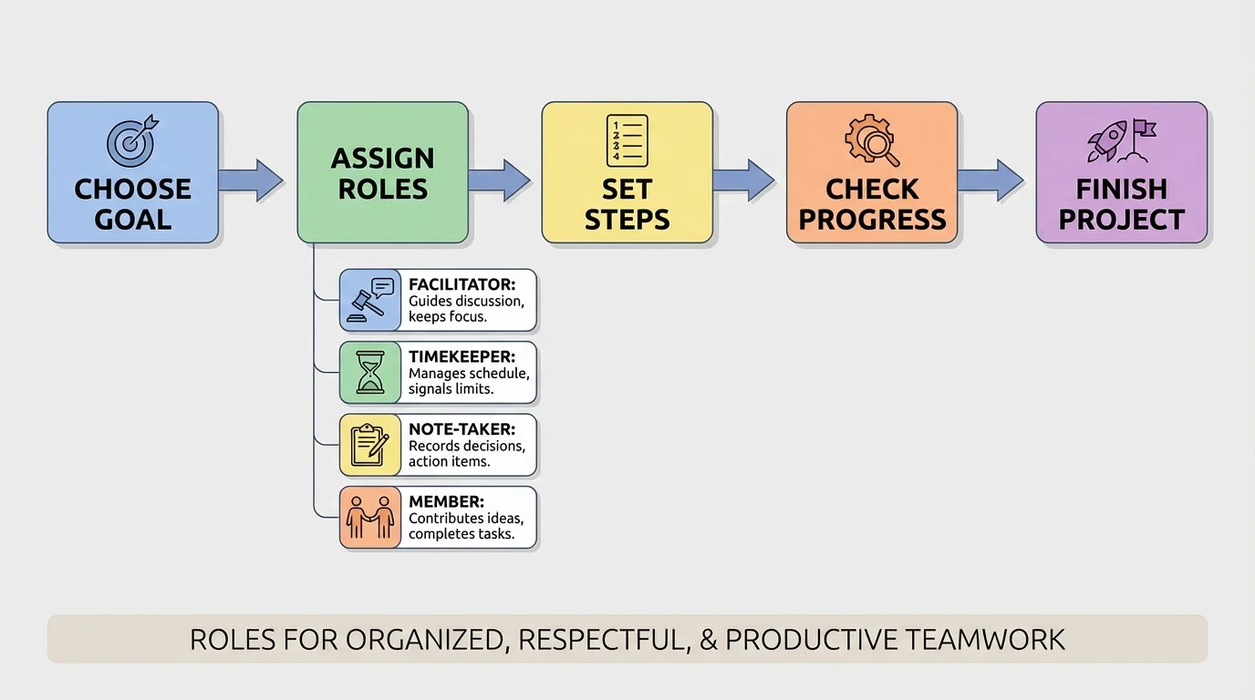 flowchart of a team making a plan: choose goal, assign roles, set steps, check progress, finish project