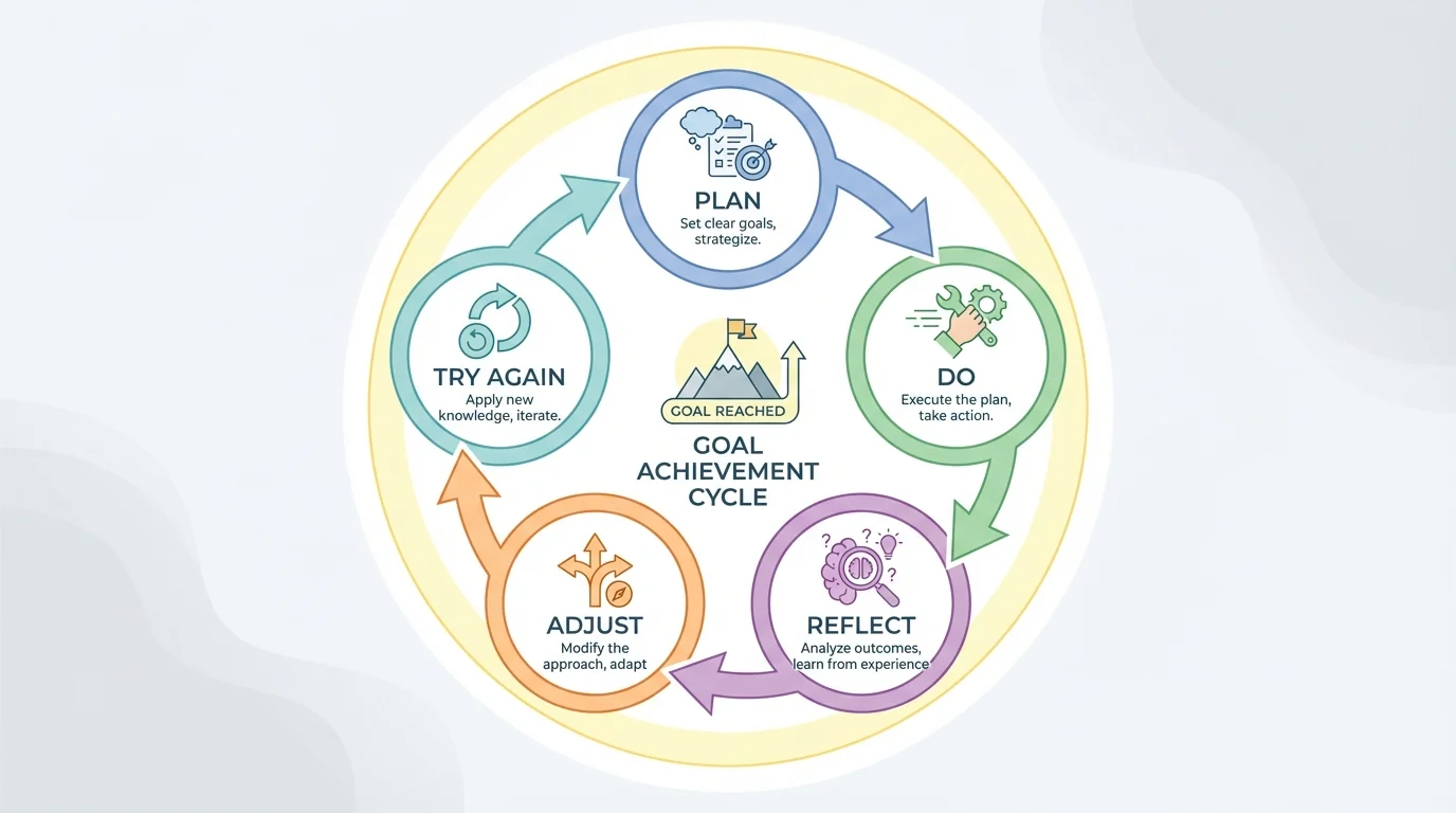 circular diagram with arrows connecting Plan, Do, Reflect, Adjust, Try Again