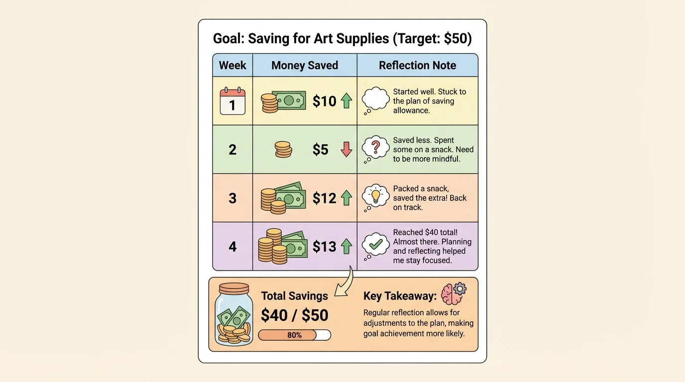 simple chart showing goal of saving for art supplies with columns for week, money saved, and note about reflection