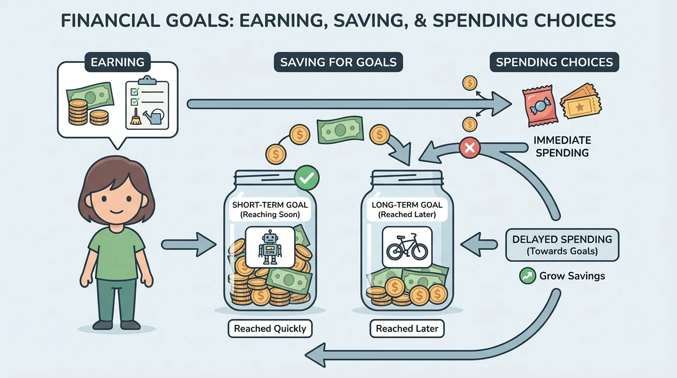 Child saving coins toward two goals, one reached quickly and one reached later, with labels short-term and long-term