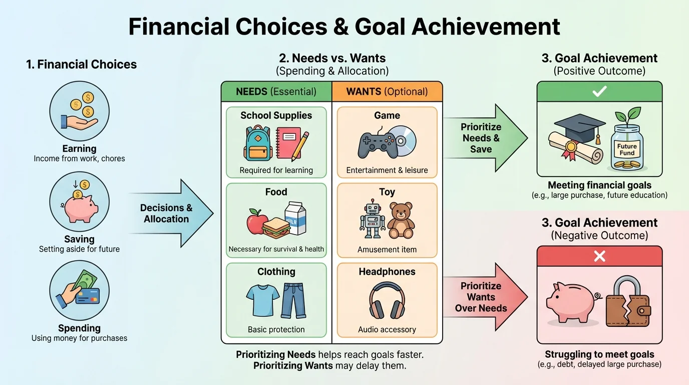 Two-column chart with examples such as school supplies, food, game, toy, and headphones under needs and wants