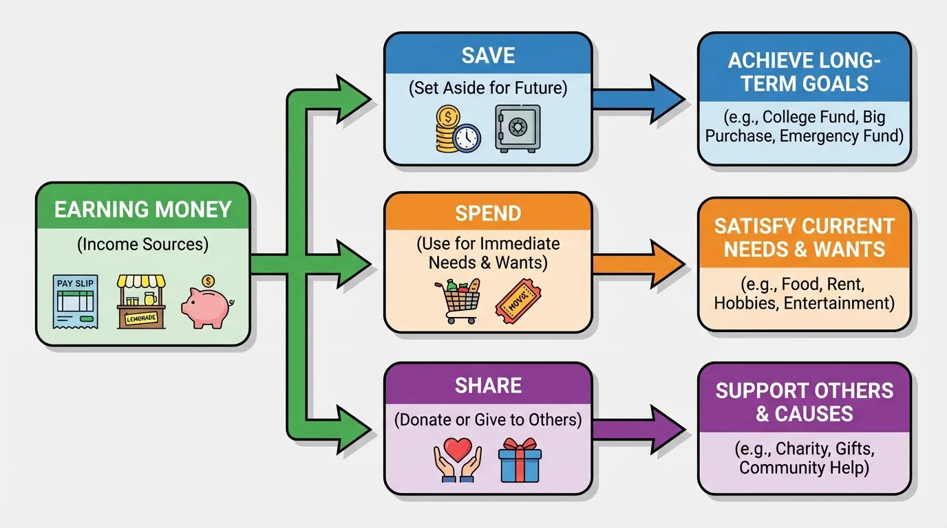 Simple flowchart from earning money to three choices save, spend, and share with arrows to goal outcomes