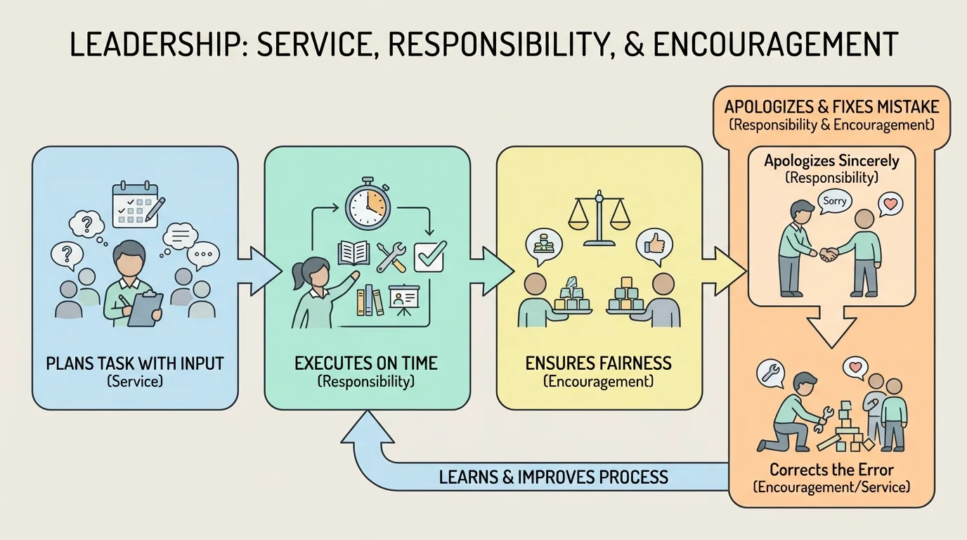 simple flowchart showing a student leader planning a task, doing it on time, checking fairness, and apologizing plus fixing a mistake