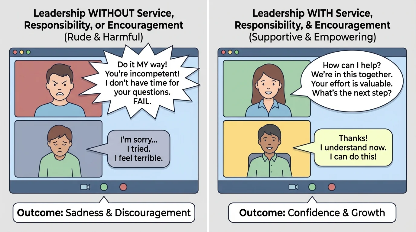 comparison illustration of two video-call chats, one with rude comments causing sadness and one with supportive comments building confidence