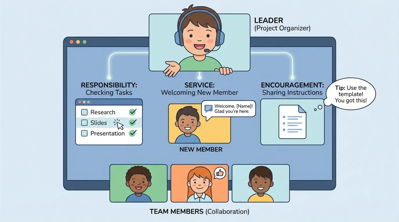 child helping organize an online group project by checking tasks, welcoming a new member, and sharing instructions on a video call screen
