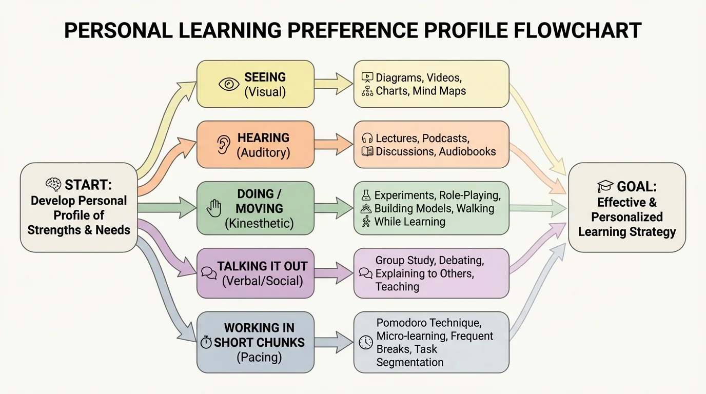 flowchart comparing learning preferences such as seeing, hearing, doing, talking it out, moving, and working in short chunks, with matching example activities