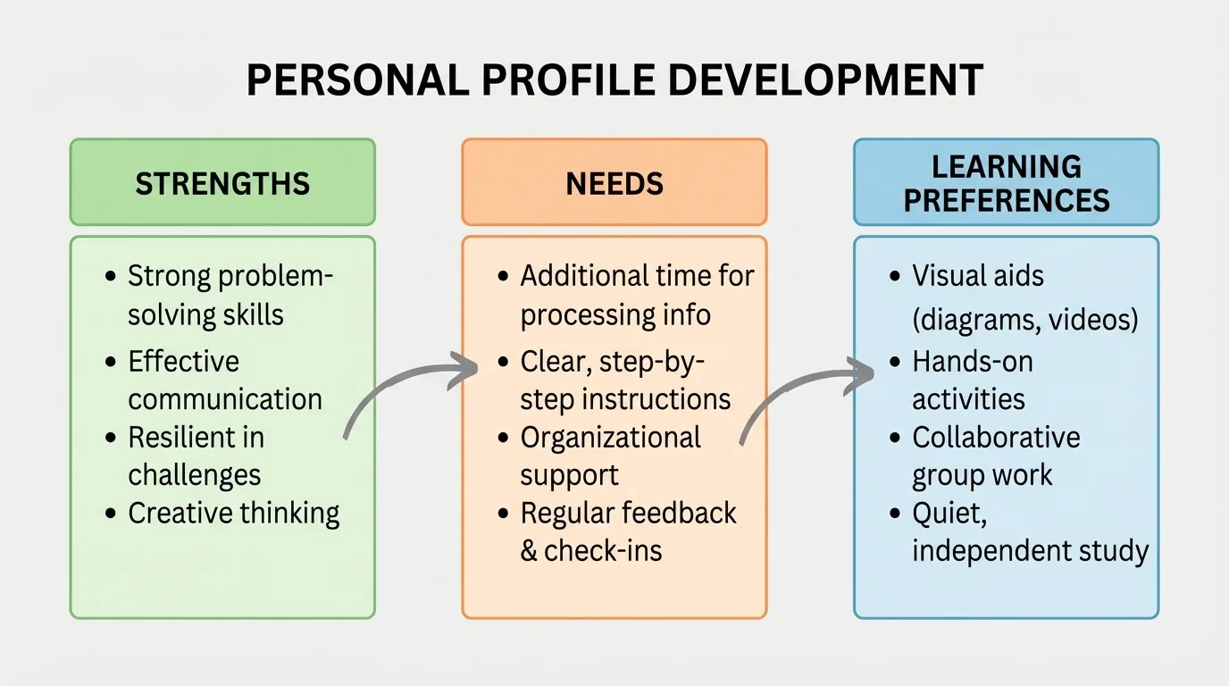 diagram of a three-part personal profile page labeled strengths, needs, and learning preferences, with short example notes in each box