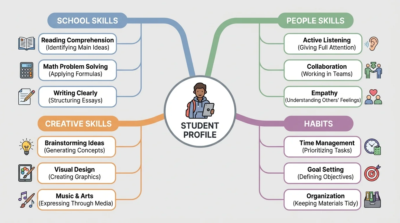 chart showing a student in the center with branches labeled school skills, people skills, creative skills, and habits, each with simple examples