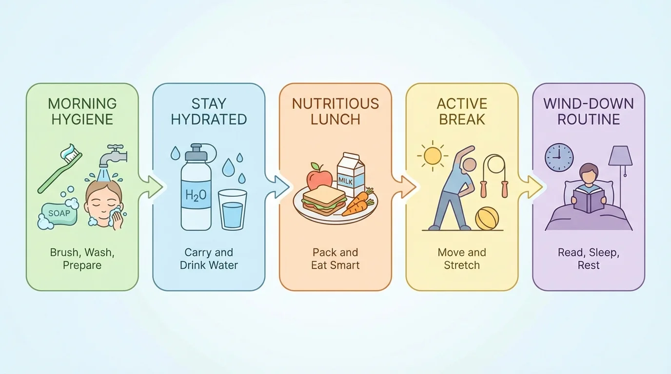 Daily routine chart with morning hygiene, water bottle, lunch, movement break, and bedtime steps