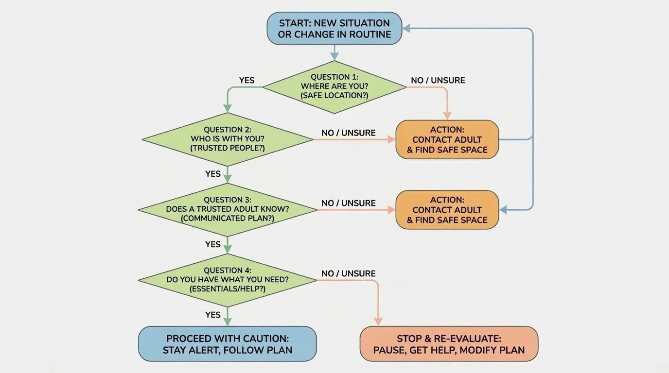 Simple safety flowchart with questions about where you are, who is with you, whether a trusted adult knows, and whether you have what you need