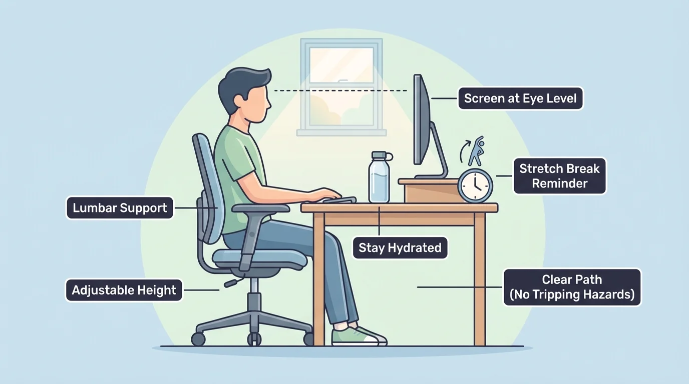 Home study space illustration showing chair support, screen at eye level, water bottle, stretch break, and no tripping hazards