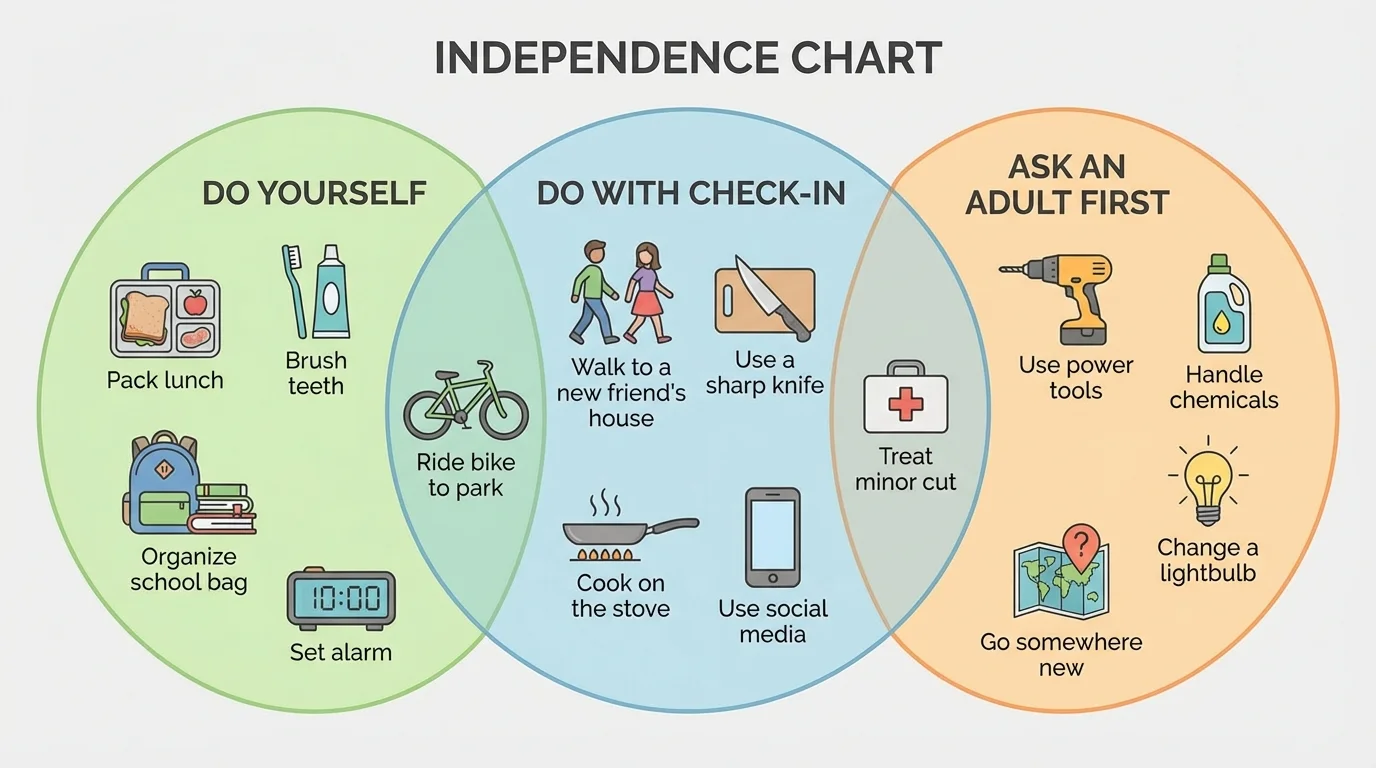 Three-circle independence chart labeled do yourself, do with check-in, and ask an adult first, with example tasks