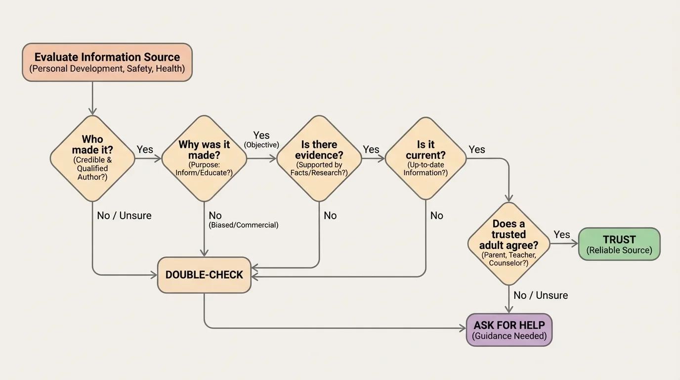 flowchart with questions Who made it, Why was it made, Is there evidence, Is it current, Does a trusted adult agree, and final choices trust, double-check, or ask for help