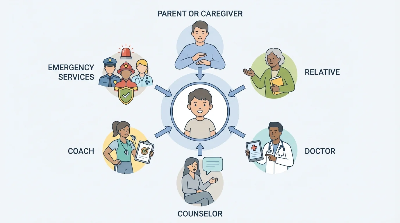 illustration of a child-centered support circle with parent or caregiver, relative, doctor, counselor, coach, and emergency services around them