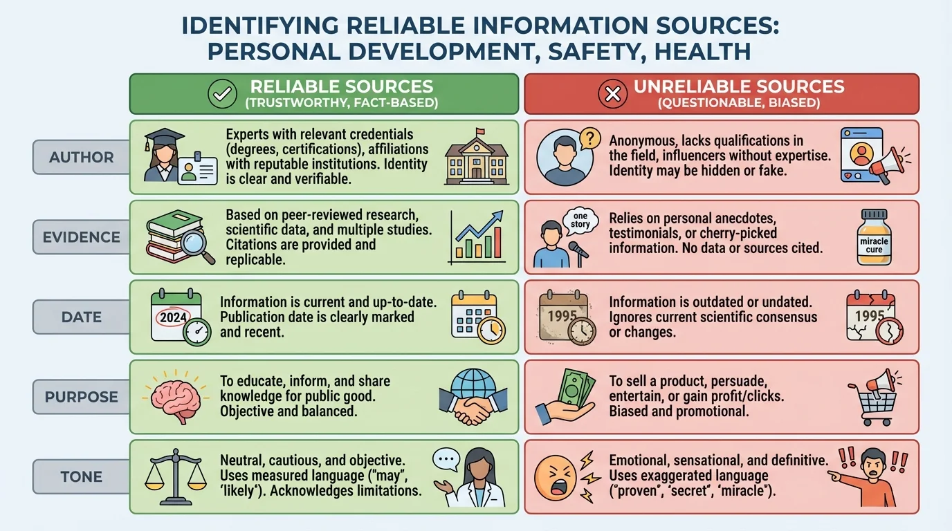 chart comparing reliable and unreliable sources with rows for author, evidence, date, purpose, and tone