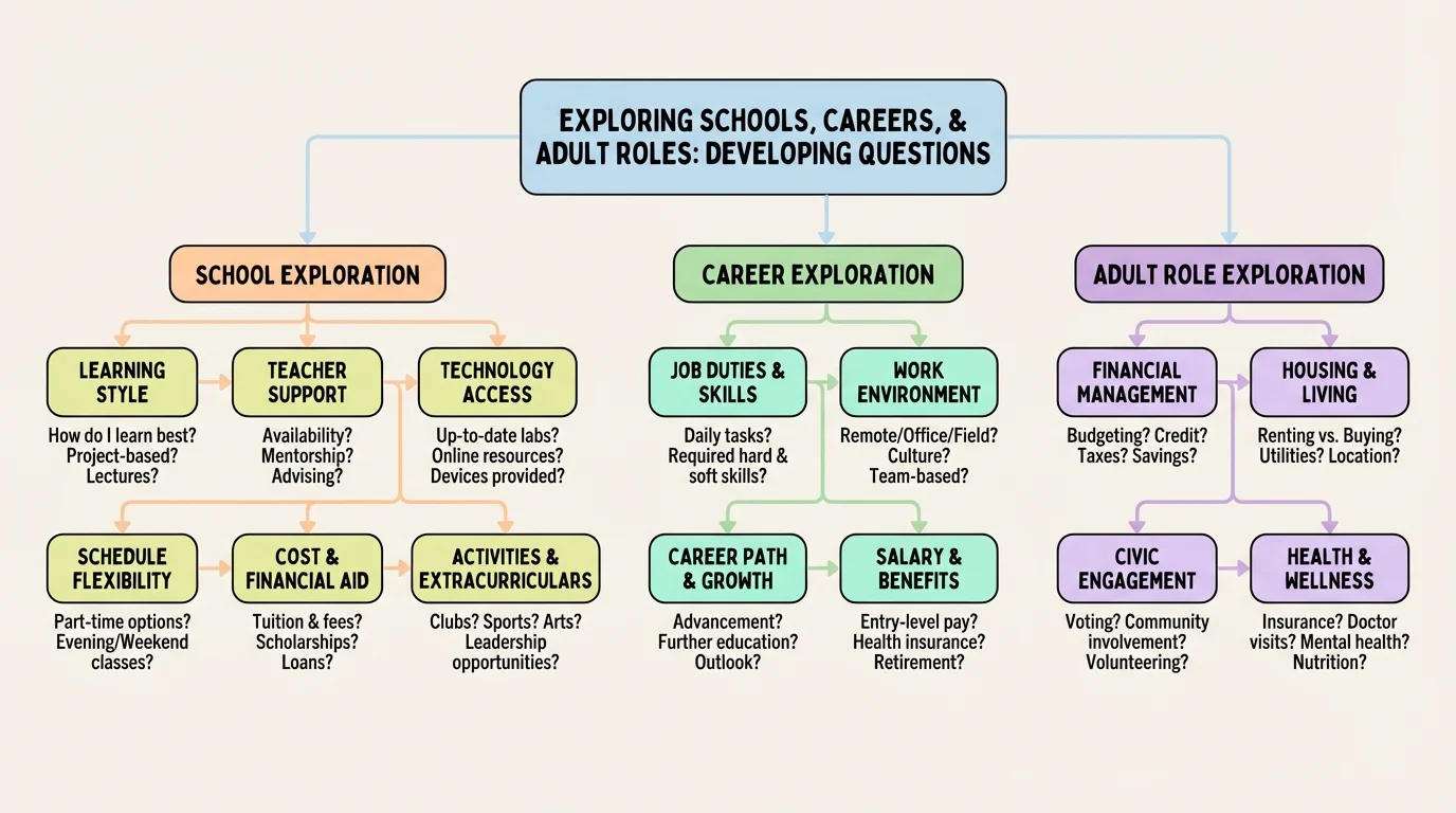 flowchart showing school question categories such as learning style, teacher support, technology, schedule, cost, and activities