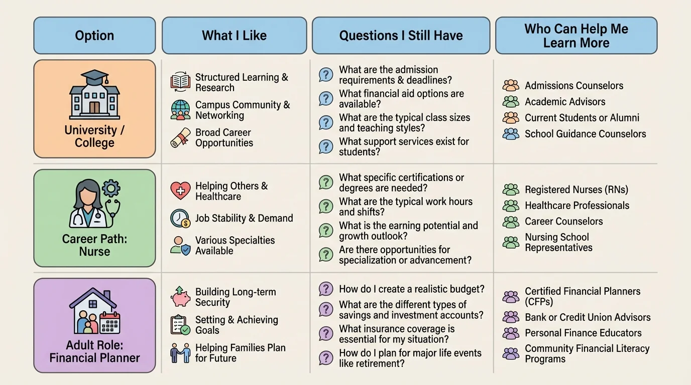 example comparison chart with columns for option, what I like, questions I still have, and who can help me learn more