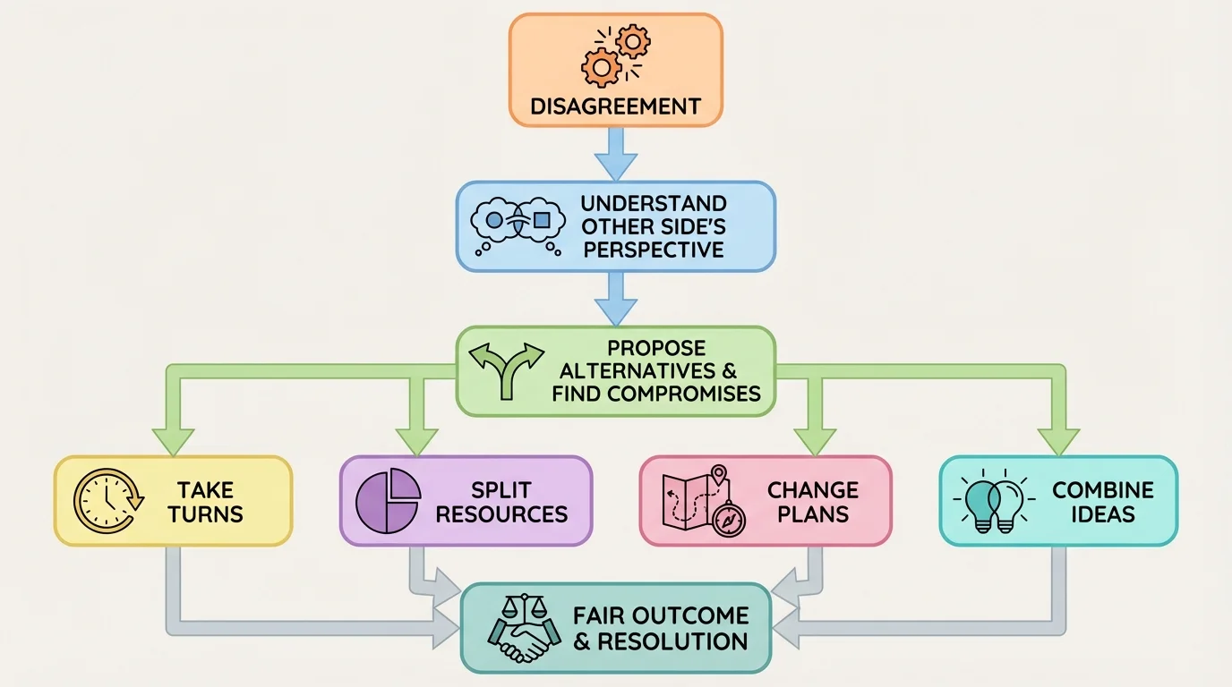 Decision flowchart showing one disagreement leading to options like take turns, split resources, change plans, or combine ideas