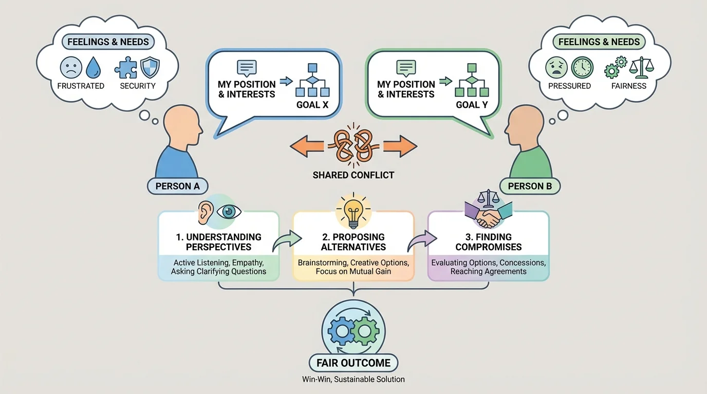 Two-person perspective chart showing Person A and Person B with speech bubbles, feelings, and needs in a shared conflict