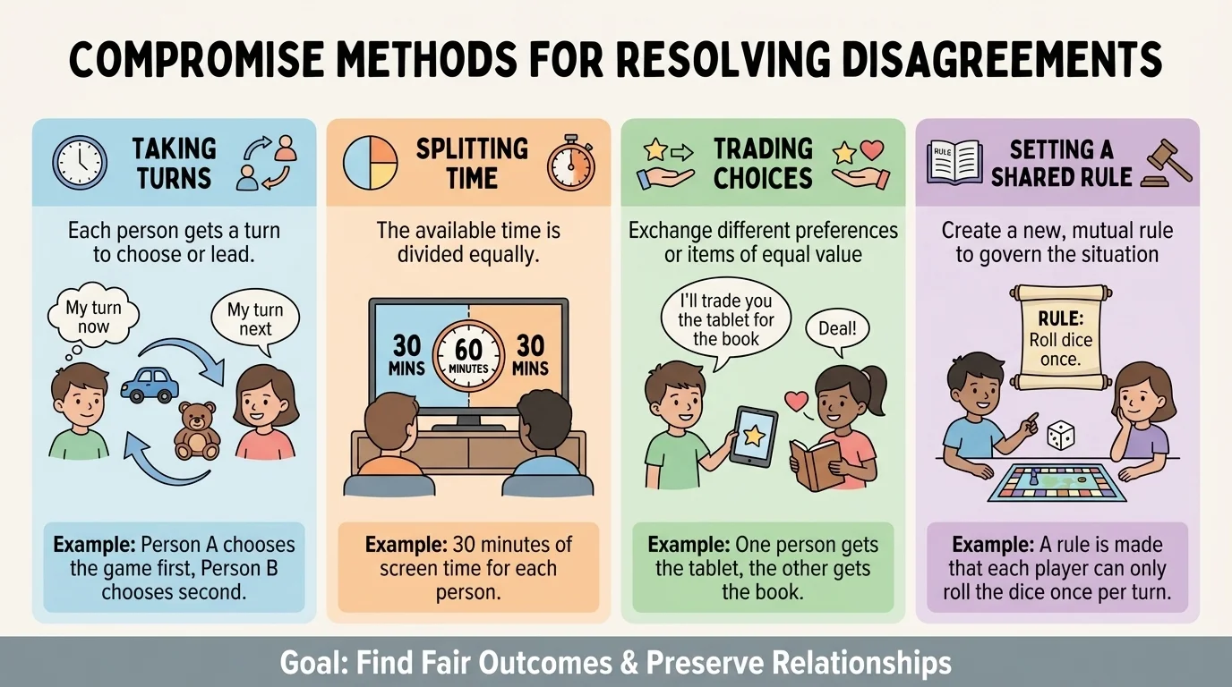 Comparison chart of compromise methods such as taking turns, splitting time, trading choices, and setting a shared rule
