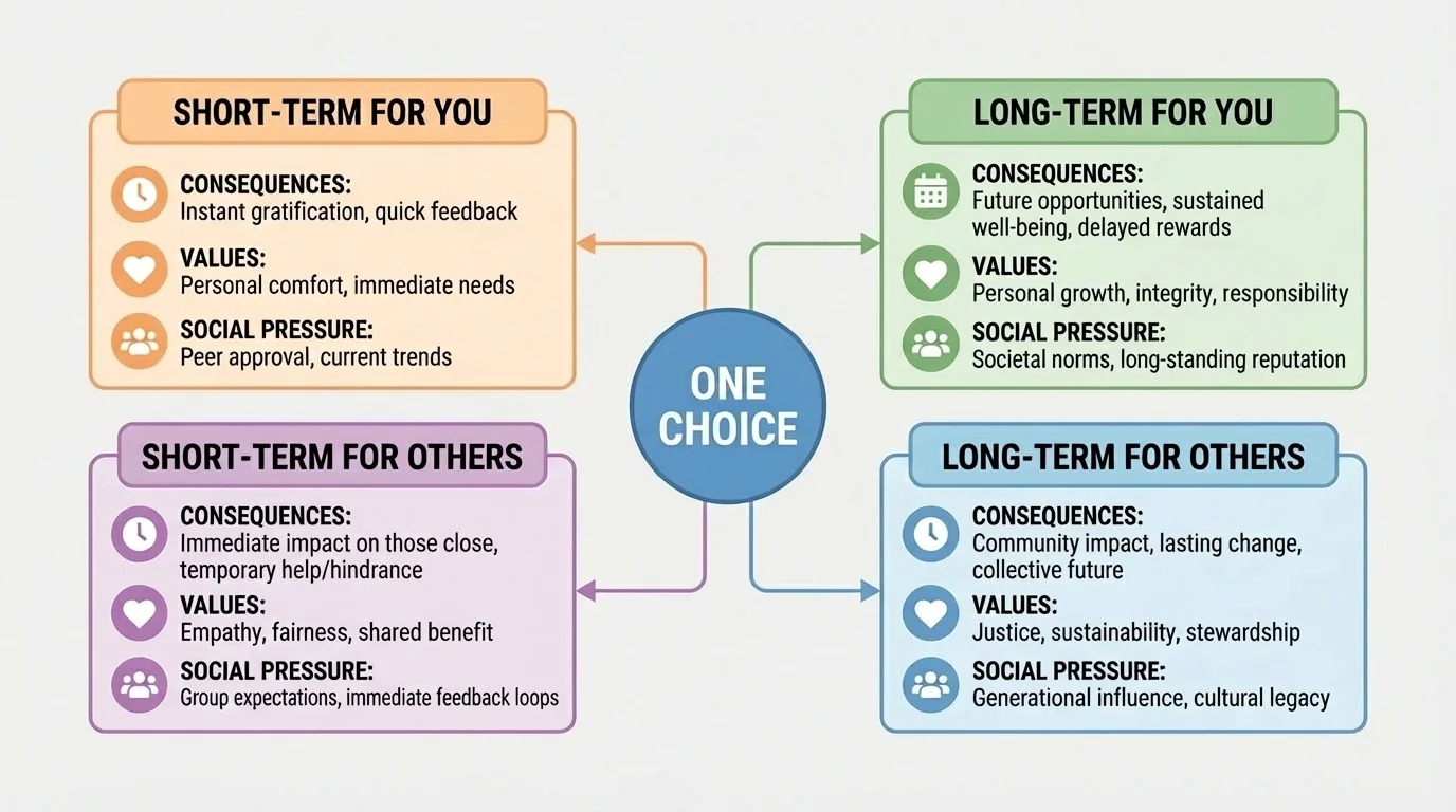 Chart comparing one choice across four boxes labeled short-term for you, long-term for you, short-term for others, and long-term for others
