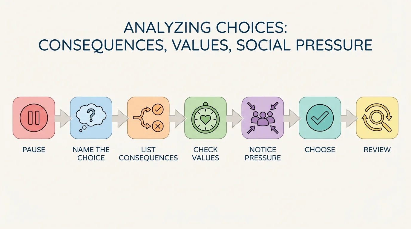 Flowchart with steps pause, name the choice, list consequences, check values, notice pressure, choose, and review connected with arrows