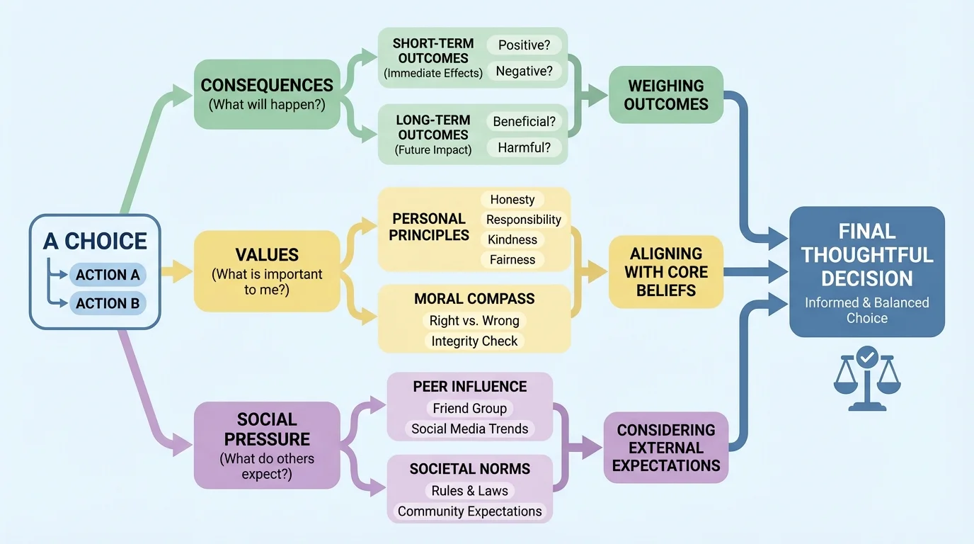 Flowchart with a choice in the center and three branches labeled consequences, values, and social pressure, all leading to a final thoughtful decision