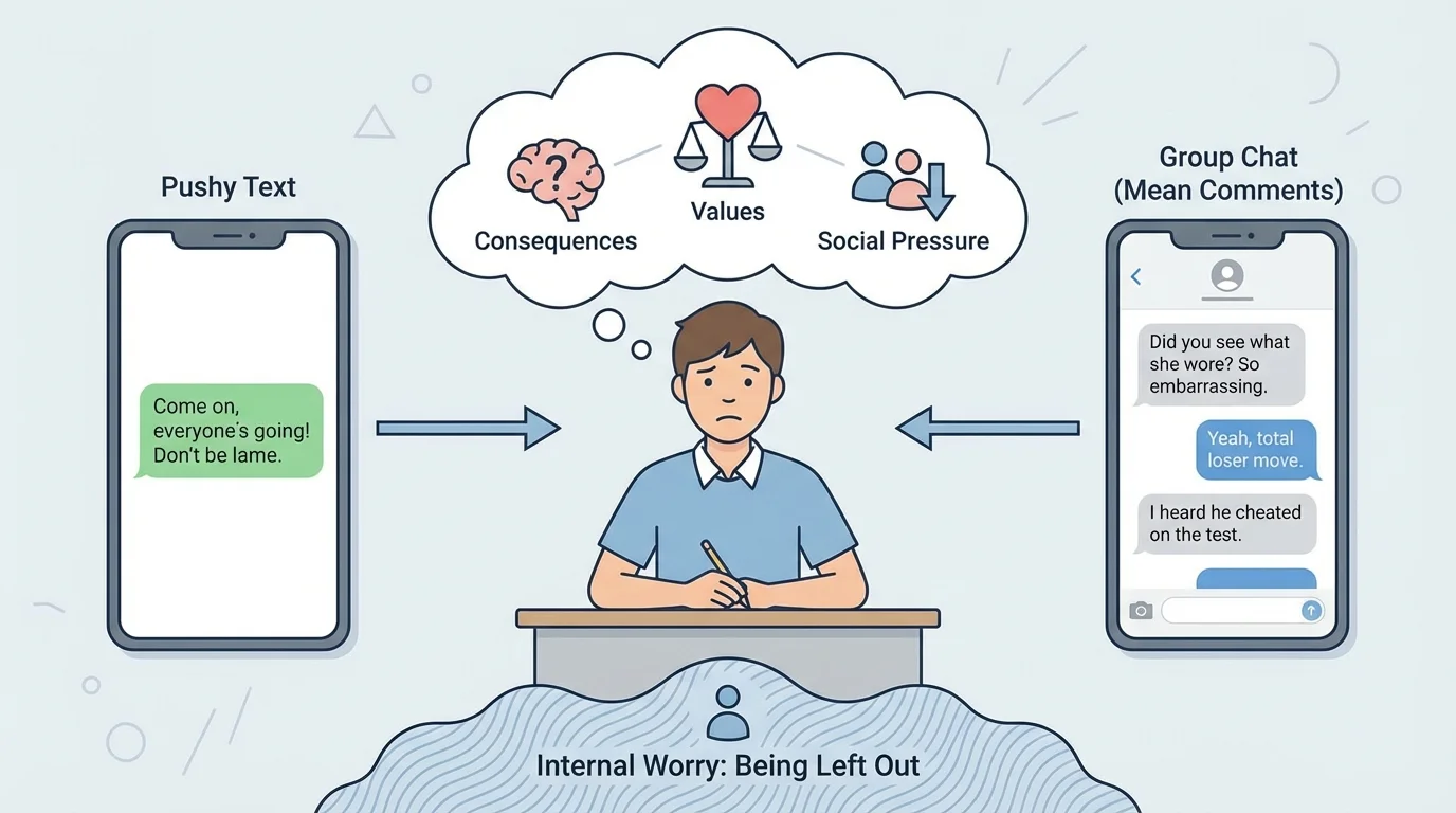 Illustration showing a student receiving a pushy text, seeing a group chat with mean comments, and feeling internal worry about being left out