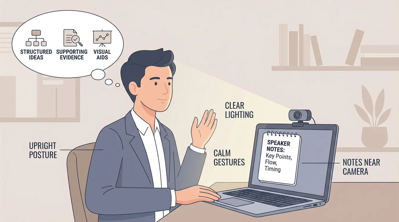 illustration of a student presenting on a webcam with upright posture, notes near camera, calm hand gestures, and clear lighting