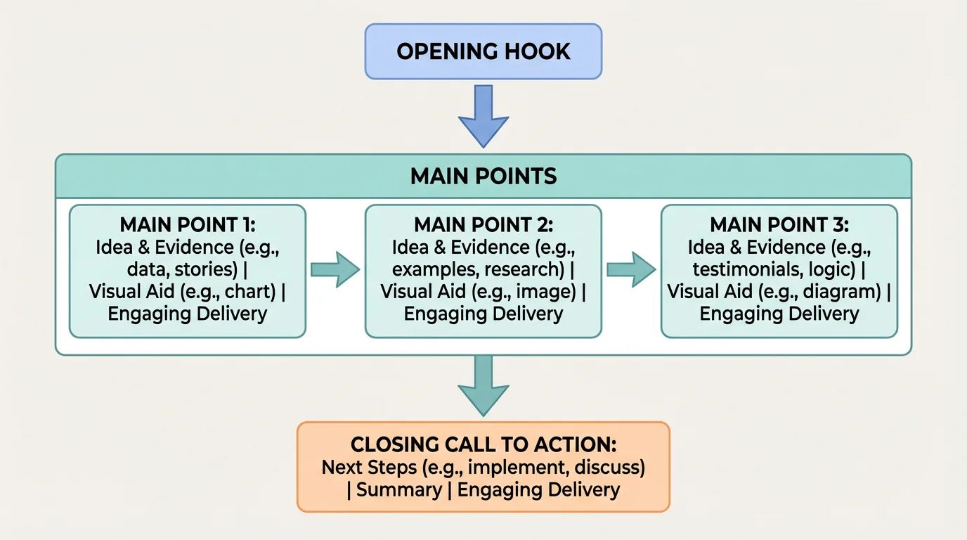 flowchart showing presentation structure with opening hook, main points 1-3, and closing call to action