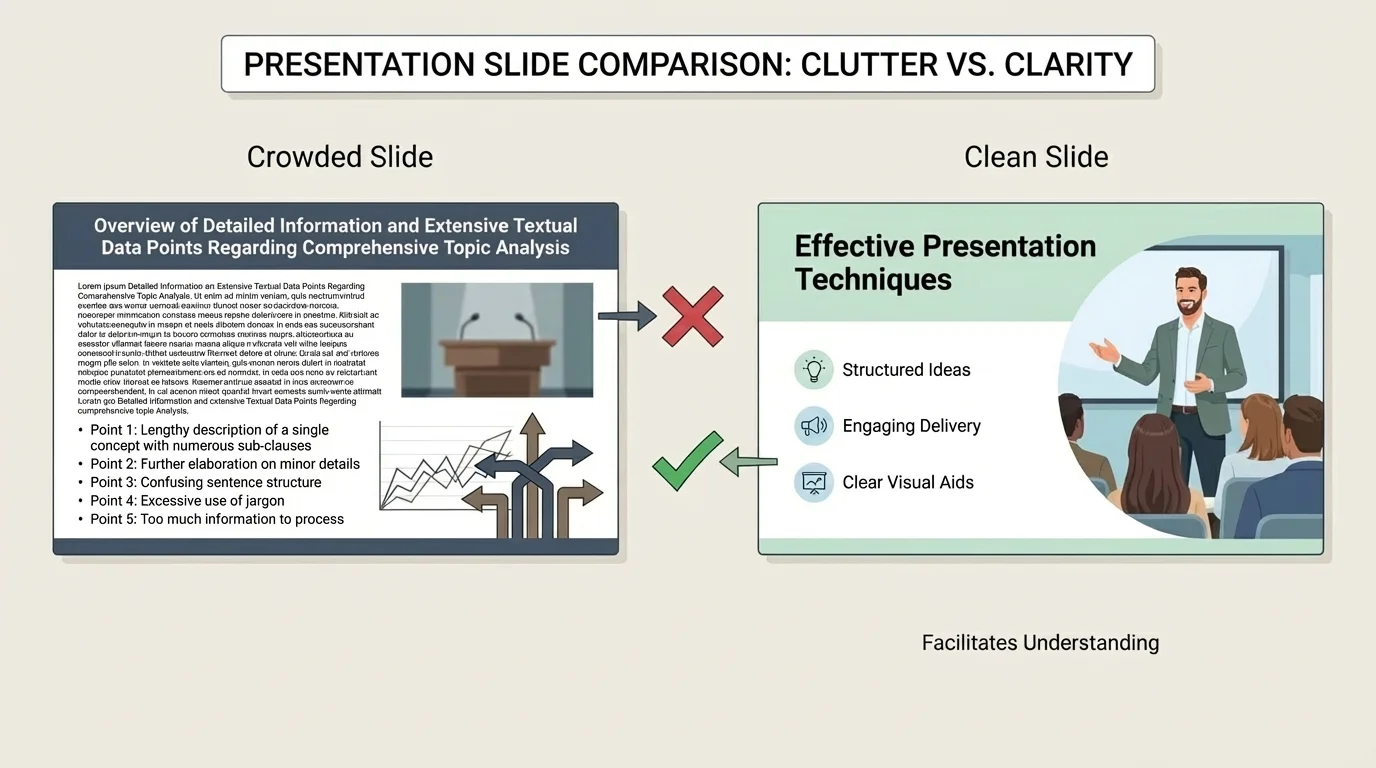 chart comparing a crowded presentation slide full of text with a clean slide using one image, short title, and three bullet points