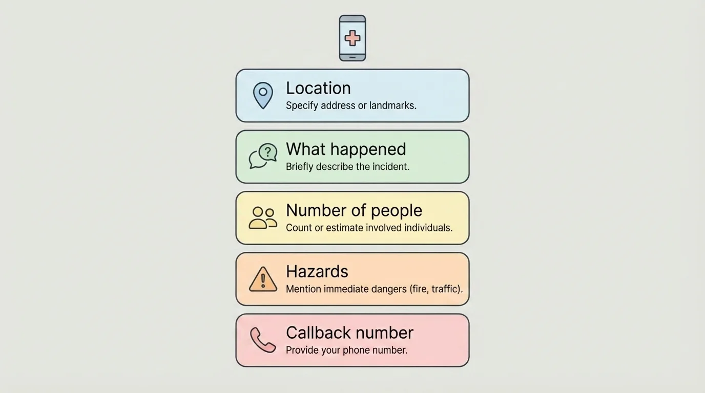 phone help checklist with labeled items location, what happened, number of people, hazards, callback number in a simple vertical layout