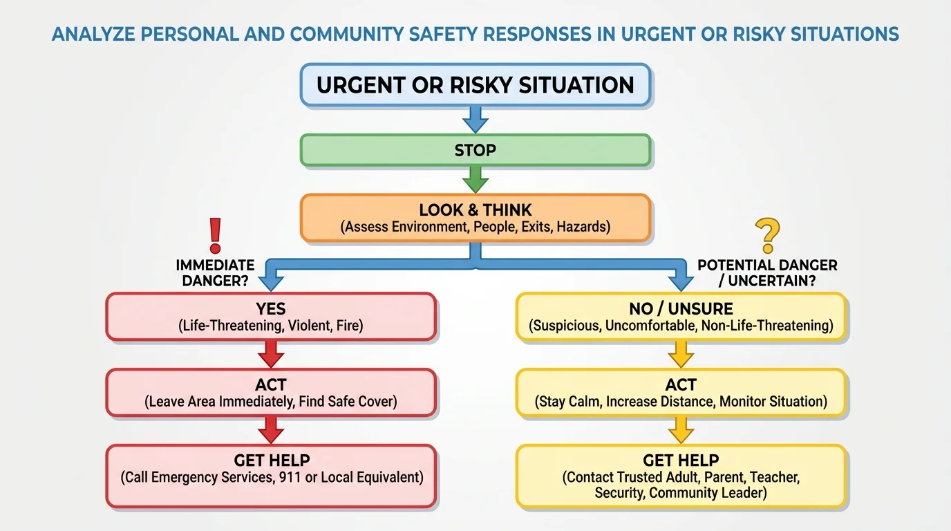 safety decision tree with boxes labeled Stop, Look, Think, Act, Get Help, including branches for immediate danger, leave area, call emergency services, or contact trusted adult