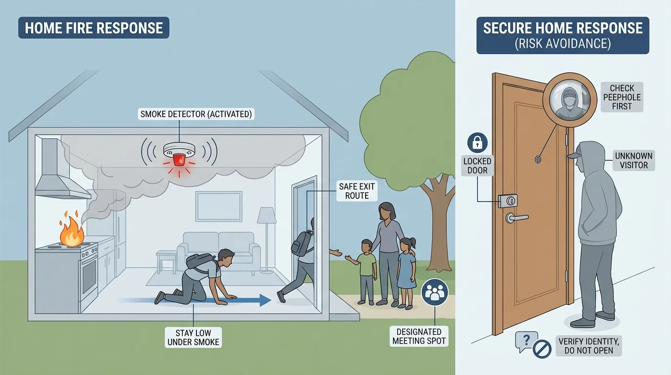 home emergency scene showing kitchen smoke, a young teen moving low toward an exit and meeting outside, plus a small separate panel showing a locked door with an unknown visitor outside