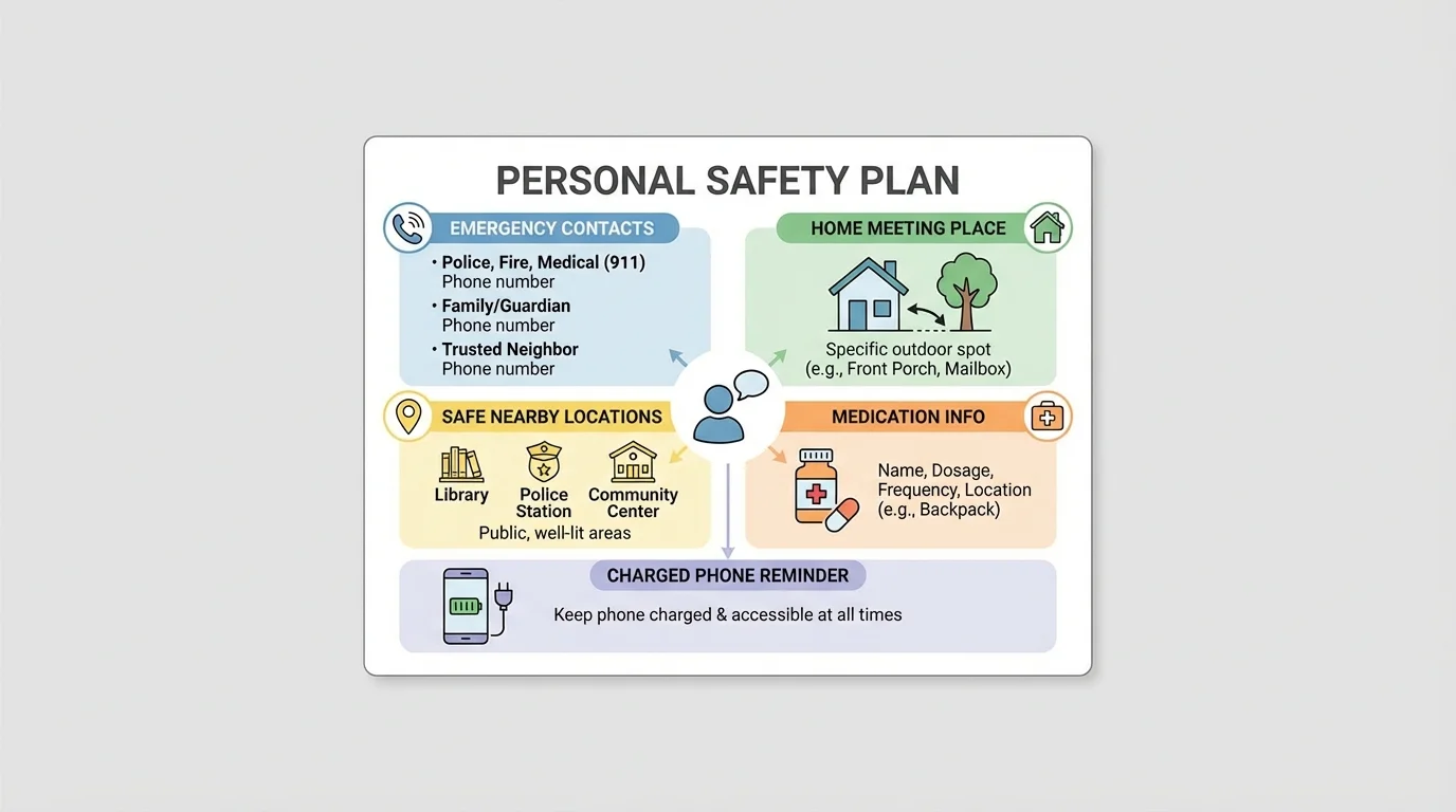 simple personal safety plan chart showing emergency contacts, home meeting place, safe nearby locations, medication info, and charged phone reminder