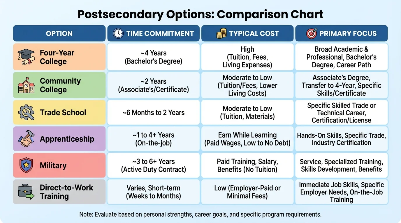 chart comparing four-year college, community college, trade school, apprenticeship, military, and direct-to-work training by time, cost, and focus